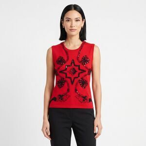 Vintage Elizabeth New York Red Beaded Sweater Petite Small Black Appliqué